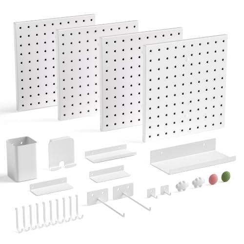 Magnetic Metal Pegboard Wall Organizer Kit, 4 Pack 10 x 10 in Panels White - color: White, size: 10"×10" - 4 Pcs