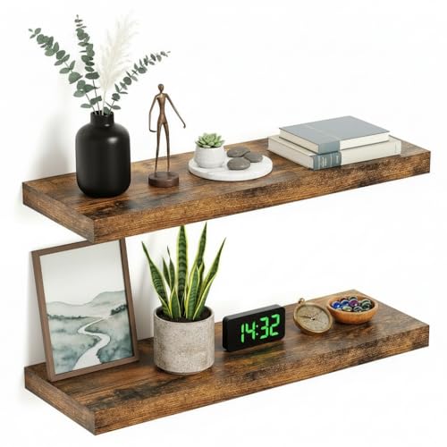 Vivelove Deep Floating Shelves for Wall 24 inches Set of 2, Rustic Brown - color: Rustic Brown, size: 24”wx9.1”dx1.6”h