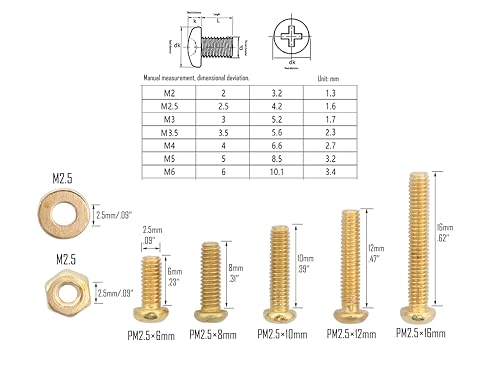 LBY 600pcs Machine Screws Assortment Kit, M2.5 Phillips Pan Head Bolts, 5 Sizes (with Nuts and Flat Washers), Copper (Yellow) - size: M2.5