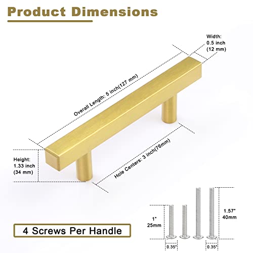 Estmoon 30 Pack Brushed Brass Cabinet Handles 3 Inch Gold Cabinet Pulls Modern Square Drawer Pulls Brass Gold Dresser Pulls Hardware Kitchen Handles for Cabinets and Drawers, 5" Total Length - color: Brushed Brass