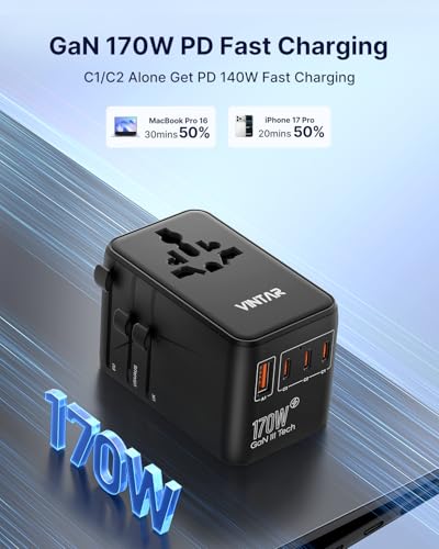 VINTAR Universal Travel Adapter 170W GaN, Fast Charger for EU UK US AU - color: 170W Black