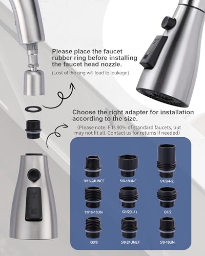 Metal Kitchen Faucet Spray Head Replacement 3 Modes with 9 Adapters - color: Brushed Nickel