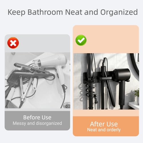 Hair Dryer Holder Wall Mounted Blow Dryer Holder Curling Iron Holder Straightener Holder 3 in 1 Bathroom Metal Hair Tool Organizer Rack（Matte Black） - color: Black
