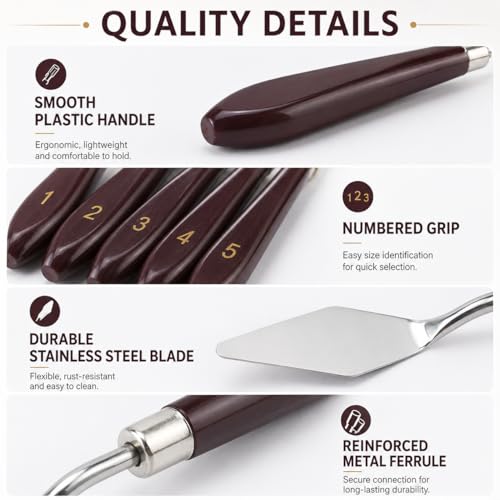 5-Piece Stainless Steel Palette Knife Set | Oil, Acrylic, Watercolor Painting, Cake Decorating, Art & Mixing Tools, Texture Creation