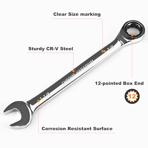 Egofine 1-1/8 inch Ratcheting Combination Wrench SAE, Industrial Grade Gear Spanner with 12-Point Design, 72-Tooth Ratchet, Chrome Vanadium Steel - size: 1-1/8"