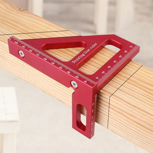 3D Multi-Angle Measuring Ruler,45/90 Degree Aluminum Alloy Woodworking Square Protractor,Drawing Line Ruler, Miter Triangle Ruler High Precision Layout Measuring Tool for Engineer Carpenter,R - color: Red(Metric)