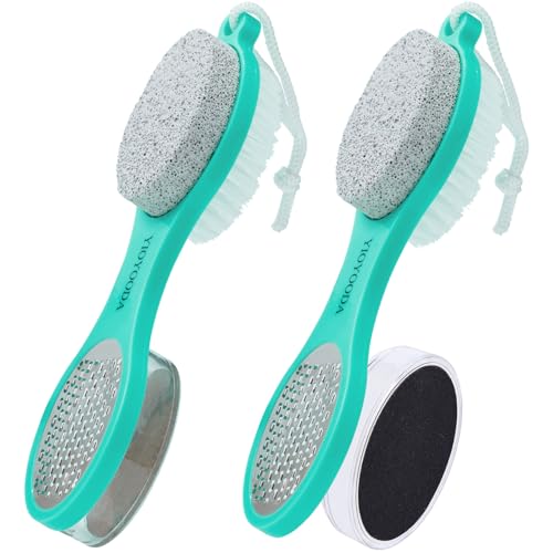 Foot File Callus Remover 5-in-1, 2 Pcs Feet Scraper Pedicure Tools with Pumice Stone, Scrubber Brush, Stainless Steel Foot Rasp and Sand Paper Debris Catcher, Multi Purpose, Cyan - color: Cyan Cyan