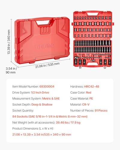 VEVOR 91-Piece 1/2" Drive Impact Socket Set, Deep & Shallow Kit - size: 1/2" 91 PCS