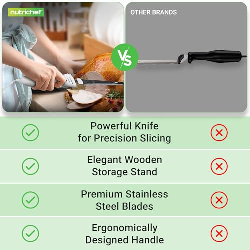 NutriChef Electric Carving Turkey Slicer Kitchen Knife | For Thanksgiving | Portable Electrical Food Cutter Knife Set with Carve Blades & Wood Stand | Cuts Meat, Bread, Cheese & Fruit | White
