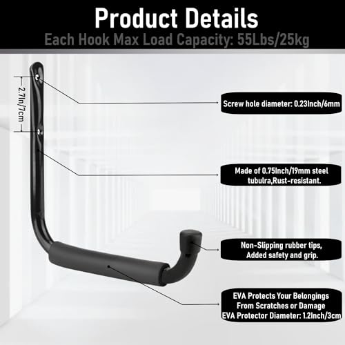 Heavy Duty Steel Garage Storage Hooks, 9.5Inches Jumbo Arm Ladders Utility Rack, Wall Mounted Hanger Organizer for Tools, Bikes, Jeep Door - style: 9.5Inch, pack of 6