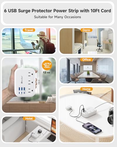 6 USB(3 USB C) Surge Protector Power Strip, 10 Ft Extension Cord,3 Outlets - size: White-10ft-24W-980J