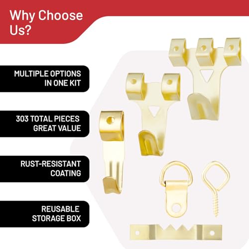 CrimsonMark 303-Piece Picture Hanging Assortment with Heavy Duty Hooks | Includes Nails, Sawtooth, D-Rings, Wire, Level & Metal Wall Hooks for Picture Framing and Canvas Mounting in Gold. - size: Gold