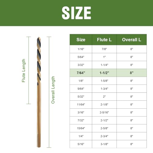 7/64 x 8 Inch Extra Long Drill Bits (3 Pack), Aircraft Drill Bit Black and Gold M2 HSS for Wood, Plastic, Thin Metal Sheet - size: 7/64 in