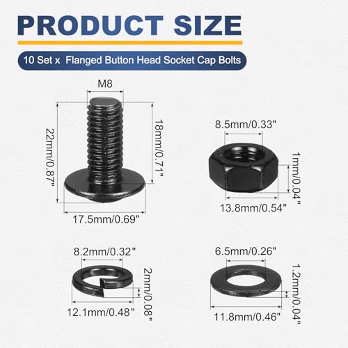 M METERXITY 10 Set M8 x 18mm Flanged Button Head Socket Cap Screws, Black 304 Stainless Steel 18-8 Hex Socket Head Screws Bolts, Nuts, Flat & Lock Washers for DIY, Furniture, Automotive - size: M8 x 18mm