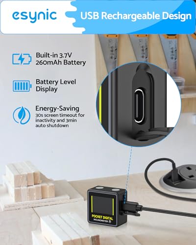 eSynic Mini Digital Level Gauge Waterproof–27g Pocket Angle Finder with Magnetic Base-0.05° Resolution &±0.2° Accuracy-Type-C Rechargeable for Woodworking/Construction/Automotive–Fits in Tight Spaces