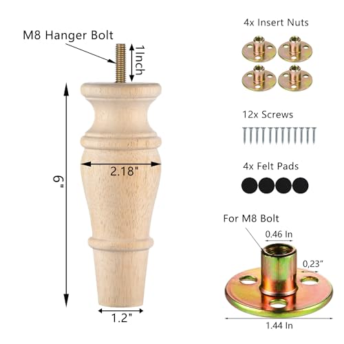 Michanco Wooden Furniture Legs 6 Inch Set of 4 Unfinished Replacement Parts for Couch Sofa Chair Ottoman Cabinet - size: 6 Inch Unfinished