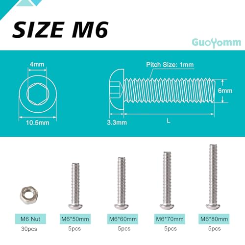 50PCS M6 x 50mm 60mm 70mm 80mm, Button Head Socket Cap Screws Bolts Nuts Kit, Stainless Steel 304, Metric Allen Hex Drive, Fully Threaded - size: Button M6x50/60/70/80mm