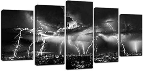 Biuteawal - Black and White City Wall Art Nature Lightning Strikes in The Clouds Painting on Canvas Storm Cityscape Picture Print for Home Office Bedroom Decoration - size: W60"xH32"