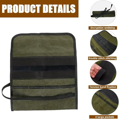 BLIRITEL Small Canvas Chisel Roll, Chisels Bag Tool Organizer with 4 Pockets, Metal Pry Bar Plier Wrench Roll Tool Pouch for Mechanic Carpenter Craftsman (Army Green) - color: Army Green