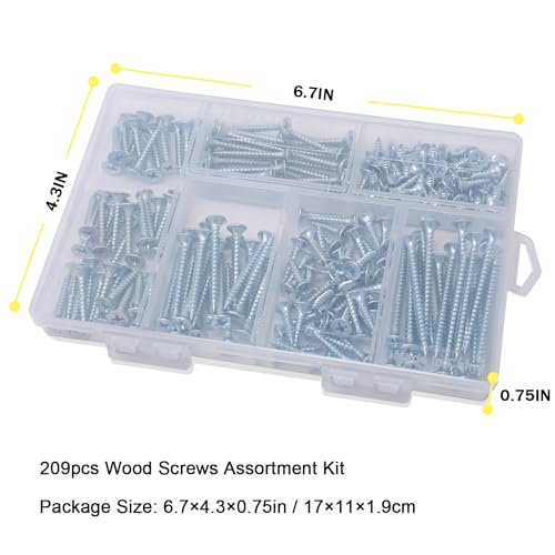 JEGONFRI 209PCS Wood Screw Assortment Kit, 6 Sizes Flat Head Phillips