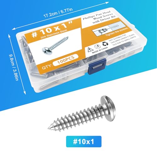 100PCS #10 x 1 Wood Screws, Pan Head Stainless Steel Sheet Metal Screws, Fast Self Tapping Screws for Deck Drywall Concrete Screws with Screwdriver Bit - style: Silver #10X1" Pan Head 100PCS