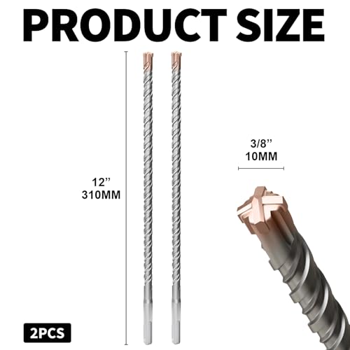 2PCS SDS Plus Rotary Hammer Drill Bits, 3/8"×12" （10mm×310mm） - 4 Carbide Cutting Edges & Coated Head, Ideal for Masonry| Heavy-Duty Masonry |Hammer Drill Bits for Precision Drilling - size: 2PCS-3/8"×12" （10mm×310mm）