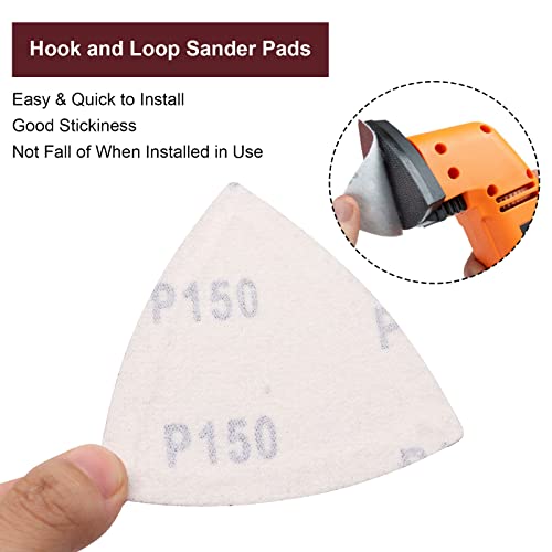 120 Pcs Triangle Sanding Pads, 150 Grits Detail Sander Sandpaper Hook and Loop Sanding Sheet,3-1/8"(80mm) Triangular Sandpaper for 3-1/8" Oscillating Multi Tool, No Holes - size: 150 Grit, style: No Hole