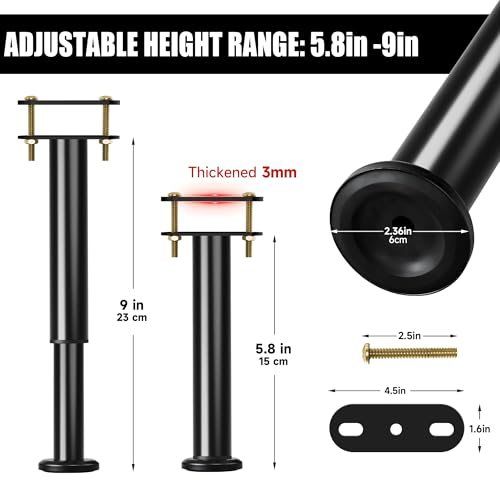 4Pcs Adjustable Height Bed Support Legs, 6-9 Inch Metal Under Bed Frame Support Legs, Extra Sturdy Bed Legs Replacement Parts with Rubber Non-Slip Base for King Queen Frame Wooden Center Slat - size: 6'' - 9'' 4pcs