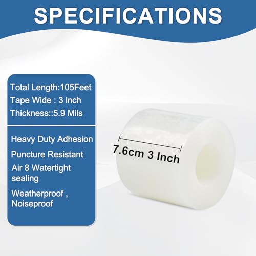 Transparent Window Weather Sealing Tape 3IN x 35 yd Draft Isolation No Residue Removable Adhesive Waterproof Windows Doors Shower Glass AC Units Ideal for Winter Seal & Summer Cold Air Loss Prevention - size: 3 In x 105 FT
