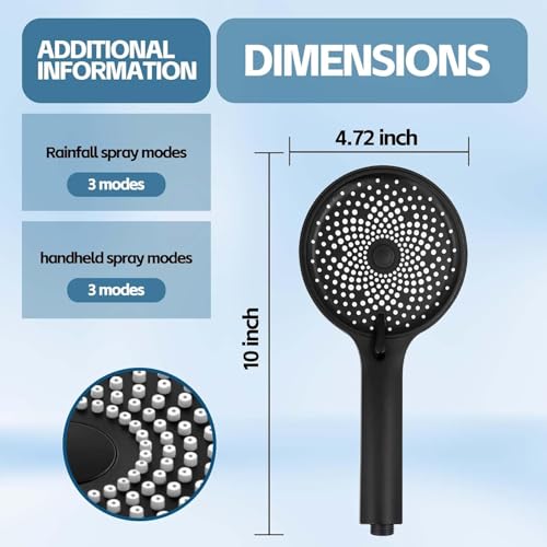 Shower Head,10 Inch High Pressure Rain Shower Head with Handheld Spray Combo, Adjustable Dual Rainfall Shower Head - Showerhead Comb Set with Extension Arm - 60 Inch Long Shower Hose(Black) - color: Black, size: 10 Inch