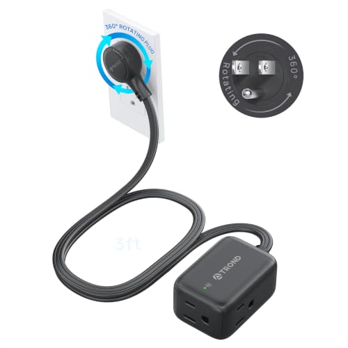TROND 360 Rotating Flat Plug Extension Surge Protector 3 ft, 3 AC, Black - color: Black, size: 3 ft, style: With Surge Protection