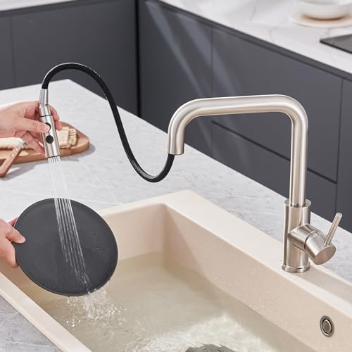 TIORIY Metal Kitchen Faucet Head Replacement, Pull Down Spray Head with 15 Adapters, 2 Function Kitchen Sink Spray Nozzle, Stainless Steel, Brushed Nickel - color: Brushed Nickel
