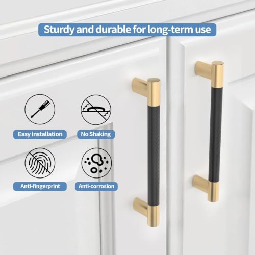 Black & Gold Knurled Cabinet Handles Kitchen Pulls 6 Inch 10 Pack - color: Black and Gold, size: 6" Hole Center