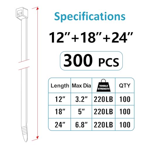 Zip Ties, Zip Ties Heavy Duty, Assorted Sizes (12"+18"+24")-300 Pack, Cable ties, Large Zipties Heavy Duty Black, Wire Ties with 220 lb Tensile Strength for Outdoor Use, Long Zip Tie, ANOSON - size: 12"+18"+24"/300 Pack (220 Lb)
