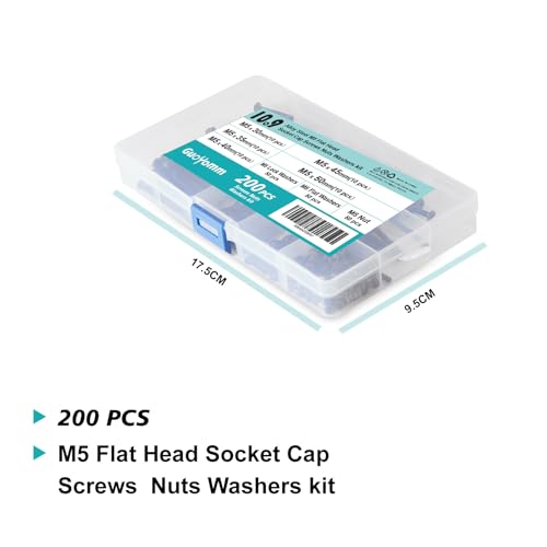 200 PCS M5 x 30mm 35mm 40mm 45mm 50mm, Flat Head Hex Socket Cap Screws Countersunk Bolts Washers Nuts Assortment Kit, 10.9 Grade Alloy Steel, Black Oxide Finish, Metric Allen Drive - size: M5x30/35/40/45/50 mm