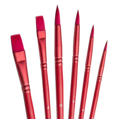 Acrylic Paint Brush Set, 6 pcs Watercolor Brushes, Painting Brush Nylon Hair Brushes for All Purpose Oil Watercolor Painting Beginner Kits (6, Red) - color: Red