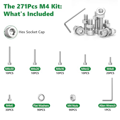 271 Pcs M4 Hex Socket Cap Screws Nuts Washers Wrench Kit, 304 SS - size: SS M4 271pcs 3