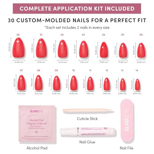 Glamnetic Press On Nails - Short Almond, Glazed Fake Nails 30 Pc Full Kit - color: 3X - Red Flag
