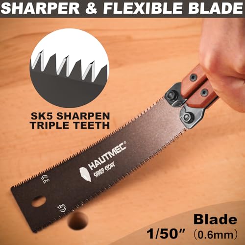 HAUTMEC Folding Japanese Pull Saw, 6-Inch Double-Edged Hand Saw with SK5 Blade (12/17 TPI), Beech Wood Handle & Storage Pouch – Compact Flush Cut Handsaw for Woodworking & Precision Cuts – HT0446