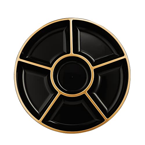 PLASTICPRO 6 Sectional Round Plastic Serving Tray/Platters Black & Gold Pack of 2 - color: Black & Gold