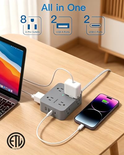 HANYCONY 6Ft Surge Protector Power Strip USB C, 1080J, 8 Outlet Extender - color: Gray, size: 6ft