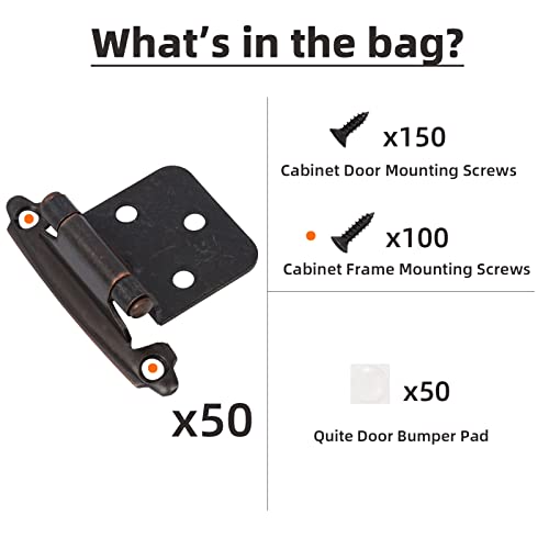 DecoBasics Oil Rubbed Bronze Cabinet Hinges for Kitchen Cabinets (25 Pair -50 Pcs) -1/2" Overlay (Variable) -Self Closing Kitchen Cabinet Hinges Flush Mount w/Silicon Bumpers & Upgraded Screws - color: Oil Rubbed Bronze, size: 50 Pack