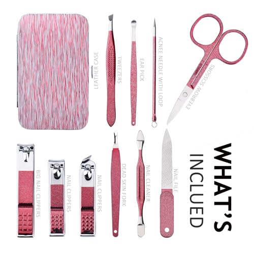 HANTEKAS Manicure Set 10 in 1 Stainless Steel, Nail Clippers Scissors Pedicure Tools Kit - Portable Travel Grooming Kit for Men and Women with Leather Case (Rose Red) - color: Rose Red