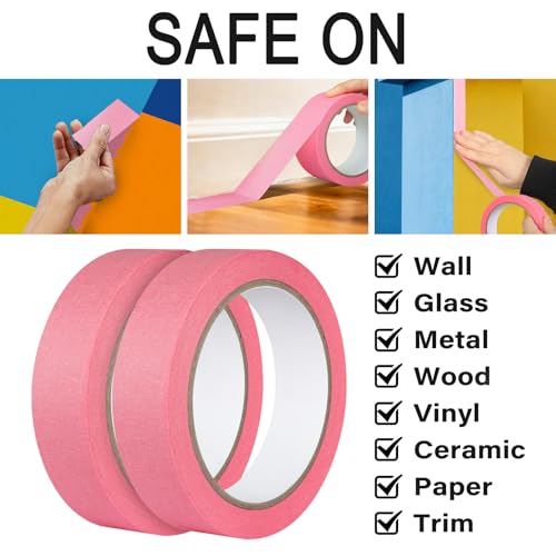 2 Pack Pink Painters Tape - Pink Masking Tape 1 Inch Wide - Multi-Surface, Smart Adhesion, Indoor & Outdoor - Paint Tape for DIY, Labeling, Art, Car, General Purpose - 180FT Total - color: Pink