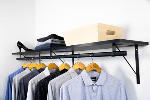 Custom Cut-to-Size Premium Wall-Mounted Shelf with Rod and Bracket Kit. 3/4" Thick Shelves, 14 inches deep. Customize the Length from 16" up to 72". - color: Black - Black, size: 44 - 72