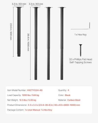 VEVOR Adjustable Table Legs, 24-40 in Round Steel Furniture Legs, 1200 lbs Max Load Heavy Duty, Quick Installation, Ideal for Home Office Desk DIY, Coffee Dinner Bar Tables, Workbenches, 4 PCS, Black - size: 3.3 x 3.3 x (23.6-40) in