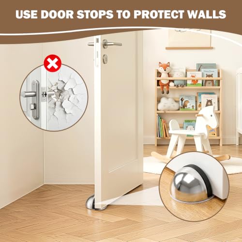 24 Pack Self Adhesive Door Stoppers (Silver), Stainless Steel Door Stops for Bottom of Door - Semi Circle Floor Mounted Door Stoppers for Bedroom, Living Room, Bathroom, Office