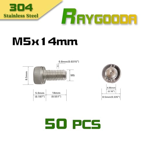 M5x0.8 x 14mm Socket Head Cap Screws Metric, 304 Stainless Steel (A2-70), Allen Socket Drive, Bright Finish, Full Thread, Rust & Corrosion Resistant, for Automotive, Machinery & DIY, 50 PCS - size: M5x14mm (50 PCS)