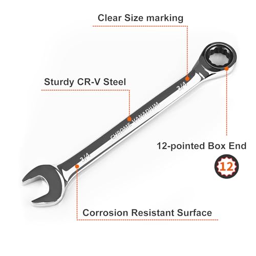 Egofine 3/4 ratchet wrench and 7/16 wrench, SAE Ratcheting Wrench Set, Industrial Grade Gear Spanner with 12-Point Design, 72-Tooth Ratchet, Chrome Vanadium Steel - size: 3/4+7/16