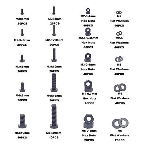540PCS Metric M2 M2.5 M3 M4 M5 Nylon Phillips Pan Head Screws Hex Nuts Flat washers Assortment Kit(Black) - size: M2, M2.5, M3, M4, M5